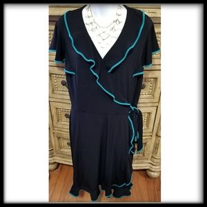 Faux wrap dress, black/turquoise,  large